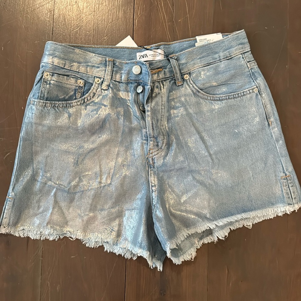 Zara High Rise Split Shorts Silver iridescent 40\8